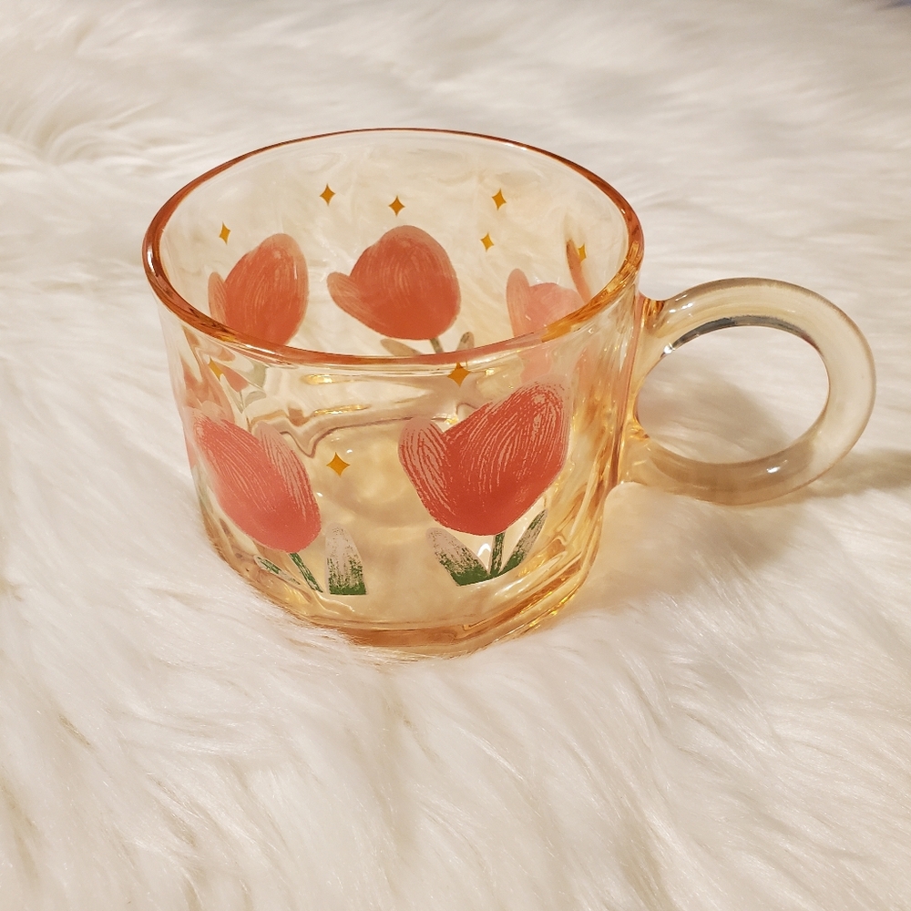 🎁3/$30 Floral Glass Mug with Orange and Pink Tulips GUC